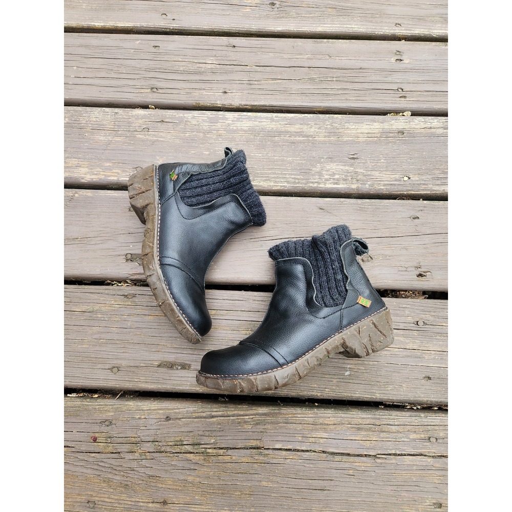 El Naturalista Yggdrasil Boots Black Leather Knit Collar Size 37 Women US 7 - Picture 3 of 8
